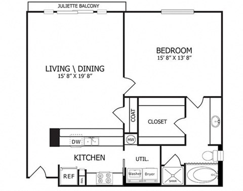 Floor plan for 1 bed, 1 bath, 910 sqft
